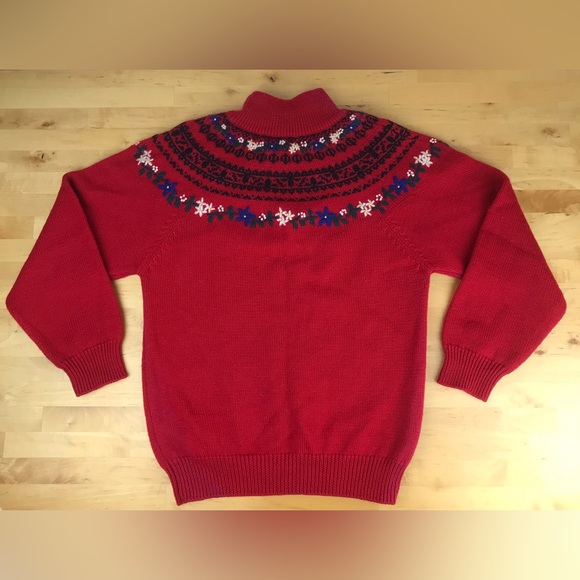 Vintage Eddie Bauer Wool Sweater Red Pullover Fair Isle Embroidered Flowers Sz S - Picture 8 of 14